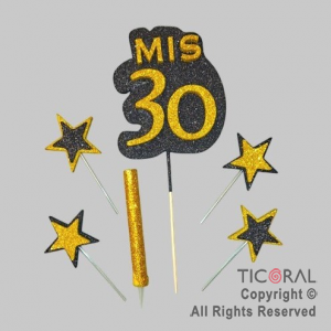 ADORNO DE TORTA SET MIS 30 CON 4 ESTRELLAS Y BENGALA GIBRE x 1